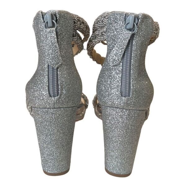 Badgley Mischka Fenix Silver Braided Rhinestone Block Heels Size 8 - Picture 7 of 12